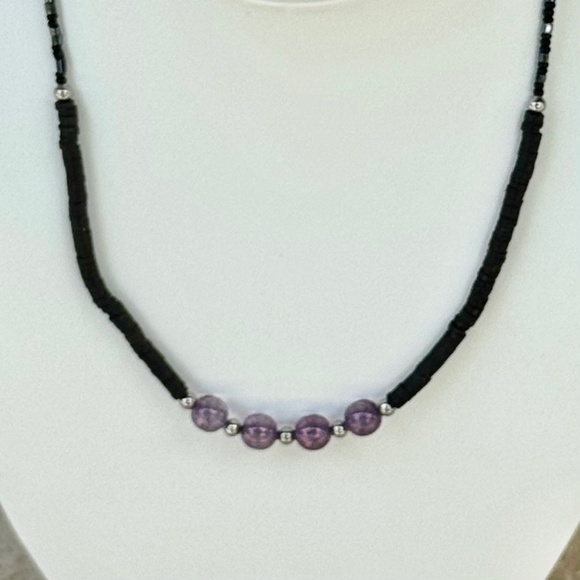 Hand Crafted Four Purple Round Glass Beads on Clay and Black Seed Beads - Picture 1 of 4